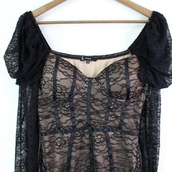 Blashe Puff Shoulder Lace Corset Pencil Dress‎ Black Nude Size M - Picture 3 of 5